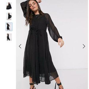 ASOS DESIGN textured mesh trapeze midi dress with bubble sleeves in black